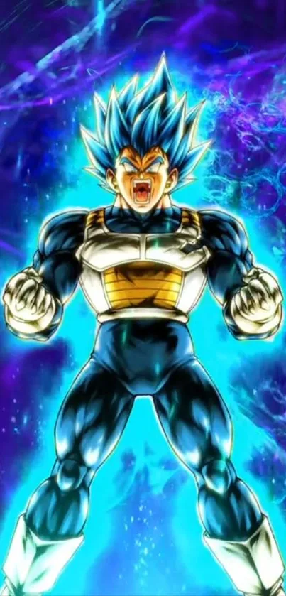 Anime character with an electric blue aura and dynamic pose.