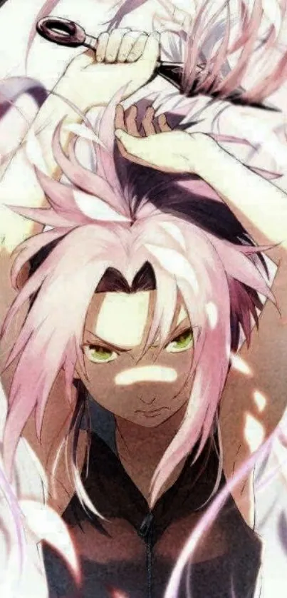 Anime character with pink hair, dynamic pose.