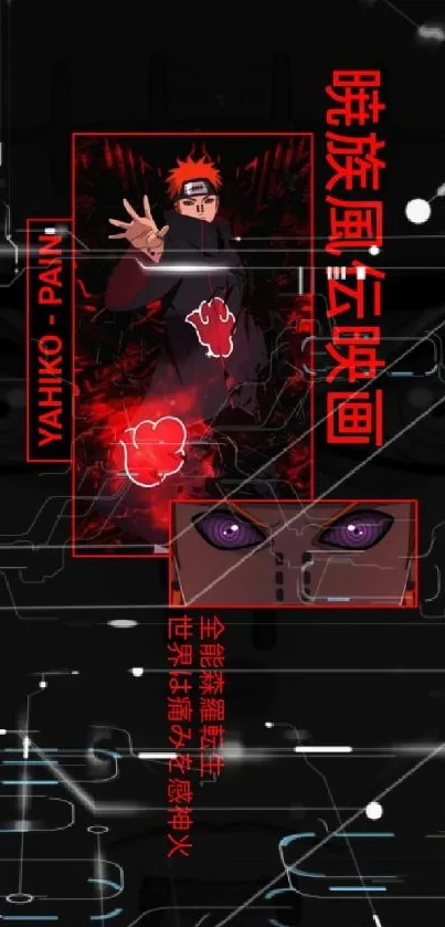 Anime character with vivid red accents on a dark background.