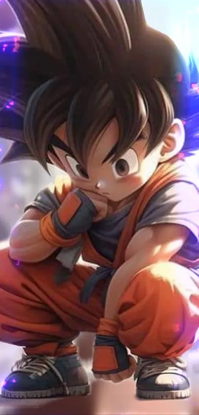 Anime character in orange outfit crouching with vivid colors.