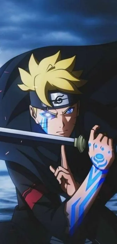 Dynamic anime character with sword and blue markings on dark background.