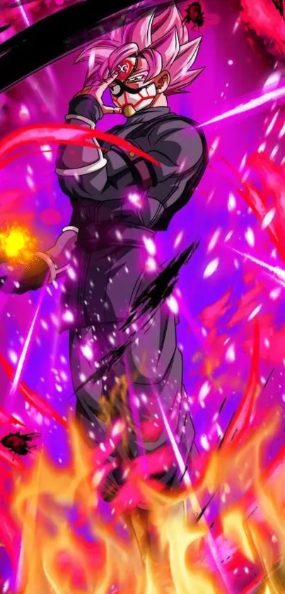 Anime character with pink flames and energy, vibrant mobile wallpaper.