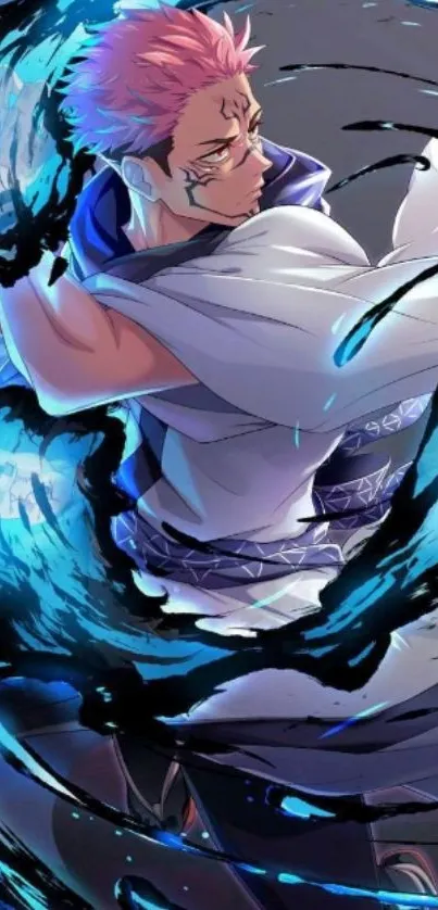 Anime character unleashing dynamic blue energy.