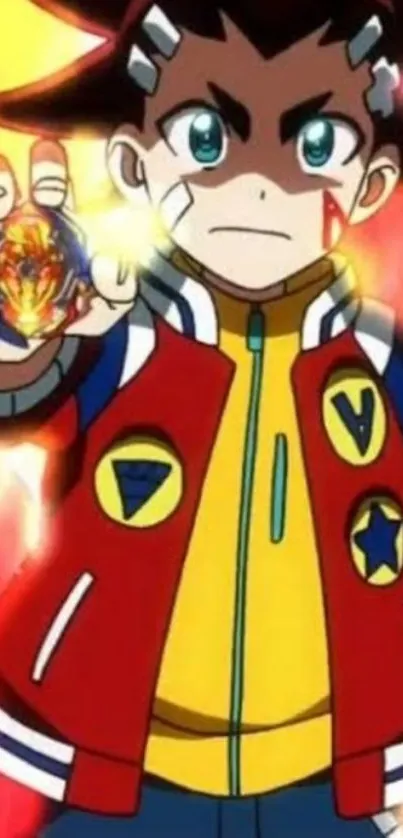 Anime hero with vibrant red jacket holding a glowing object.