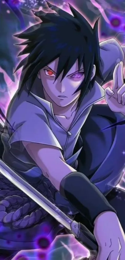 Anime character in vibrant purple aura with dynamic pose and energy.