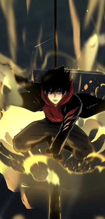 Anime character surrounded by vibrant flames.