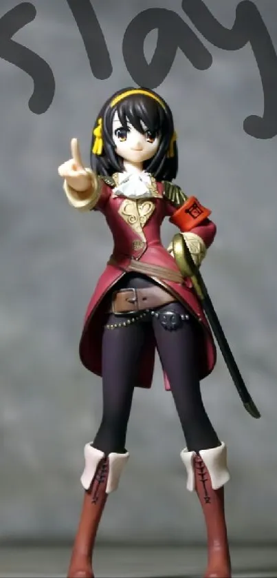 Dynamic anime figure with 'slay' text on gray background.