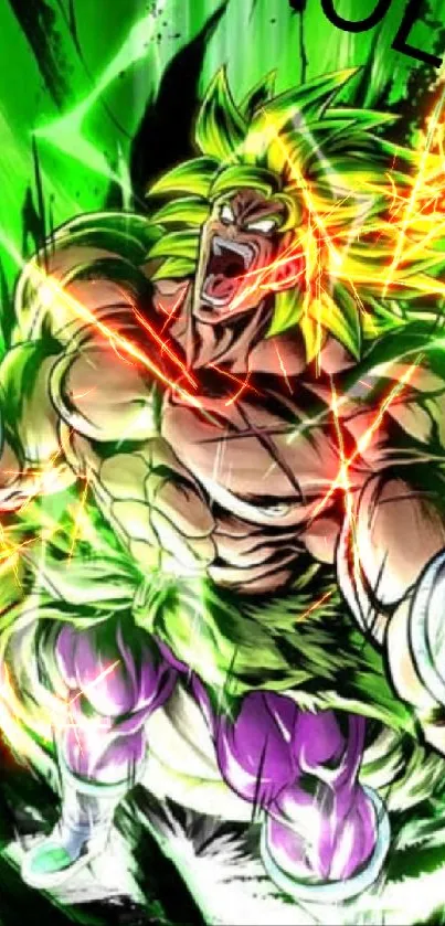 Vibrant anime character with a green background, striking a powerful pose.