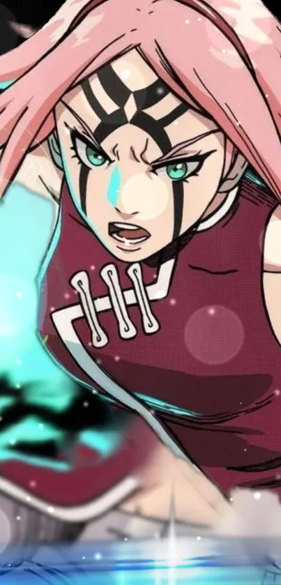 Dynamic anime character with pink hair in action pose on mobile wallpaper.