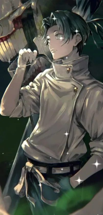 Anime character with vivid details and dark green background.