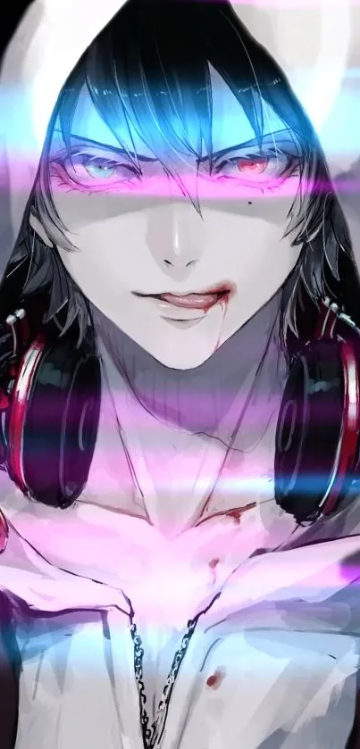 Anime character with hood and headphones in vibrant colors.