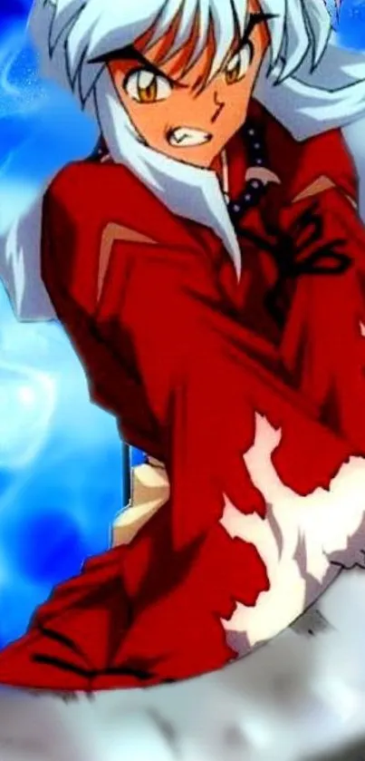 Anime character in red with dynamic energy against a blue background.