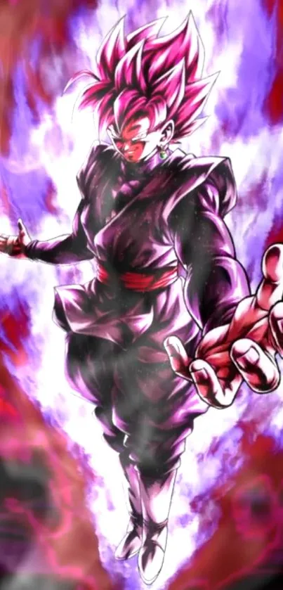 Dynamic anime character radiates energy with vivid purple and pink hues.