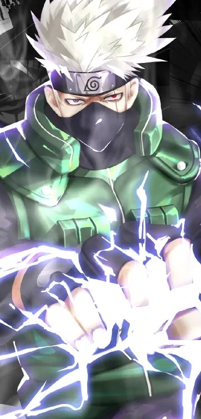 Anime character with green attire and electric power on mobile wallpaper.