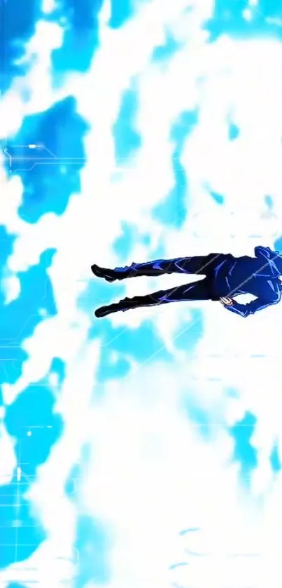 Dynamic anime character on a vibrant blue and white background.