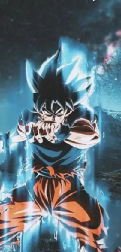 Anime character with glowing blue aura in dynamic pose.