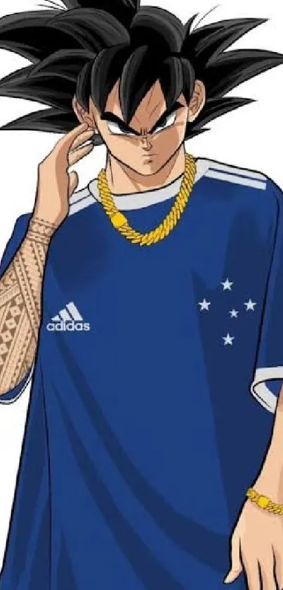 Anime character in a blue jersey with black spiky hair and gold jewelry.