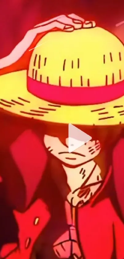 A dynamic anime character in red attire and a yellow hat on a vibrant red background.