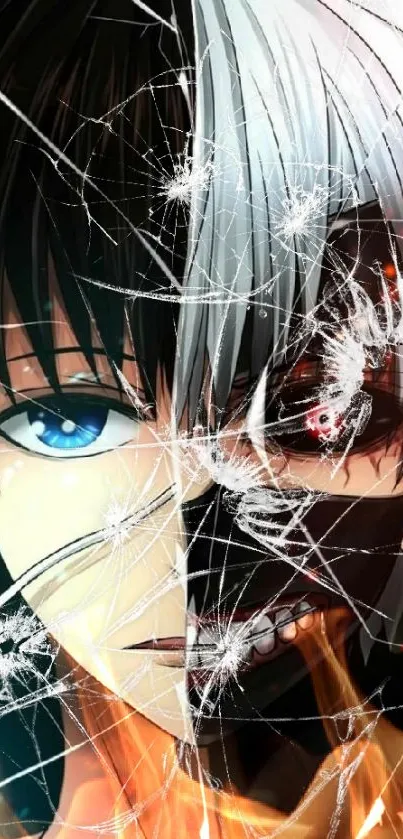 Anime character with split face and striking eyes in dynamic wallpaper.