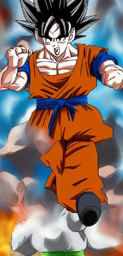 Energetic anime character with fiery blue aura in dynamic action pose.