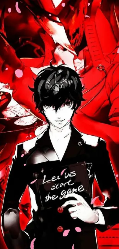 Dynamic anime character in red and black, holding sign: Let us start the game.