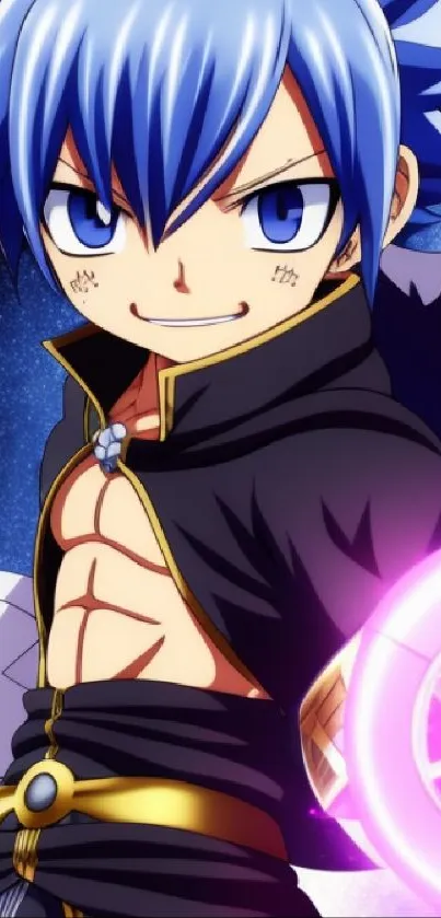 Anime character with blue hair, holding a glowing orb.