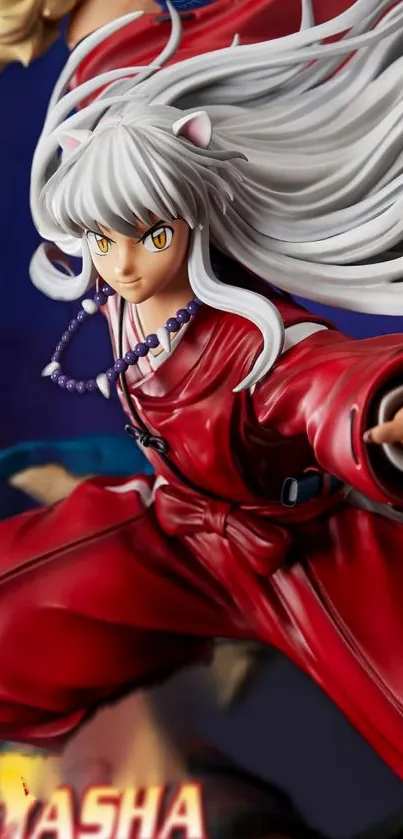 Anime character in red attire with flowing silver hair, dynamic action pose.