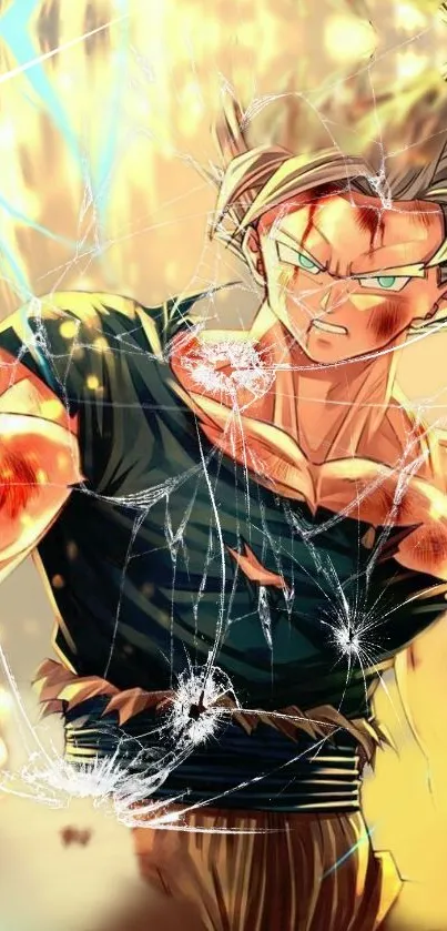 Anime character with intense energy and vibrant background in action pose.