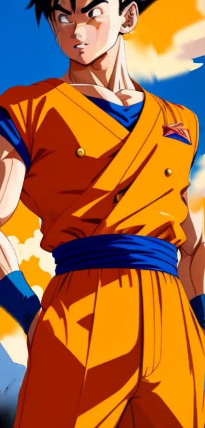 Anime character in orange outfit with blue accents and vivid sky background.