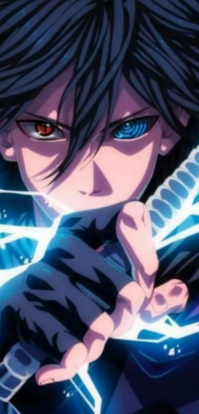 Anime character with sword and electric blue aura.