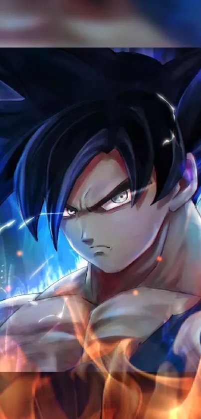 Dynamic anime character with blue aura and fiery background.