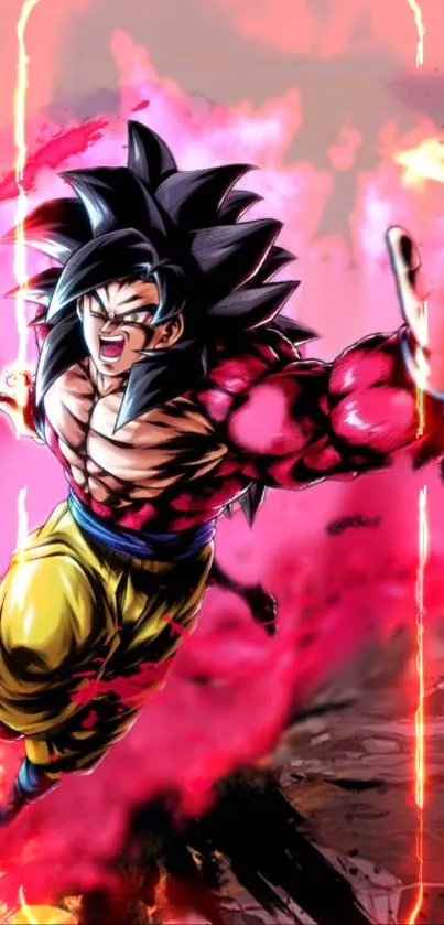 Action-packed anime character in vibrant red background.