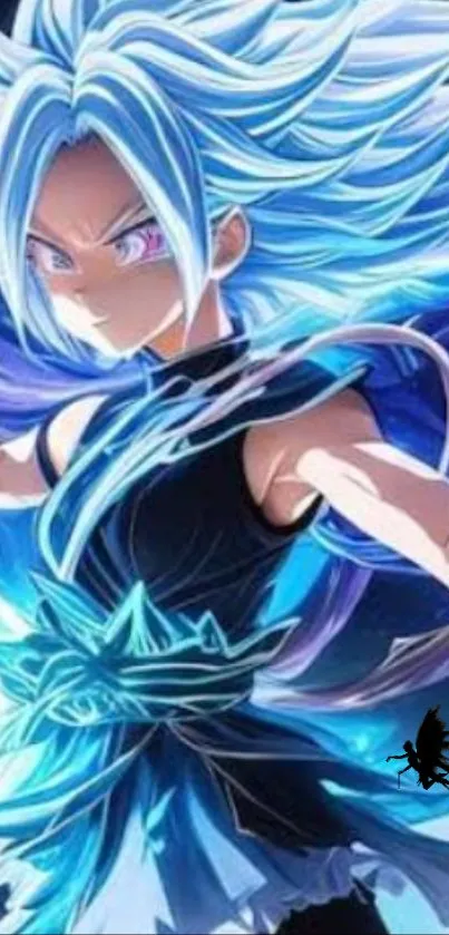 Anime character with blue energy aura in dynamic pose.