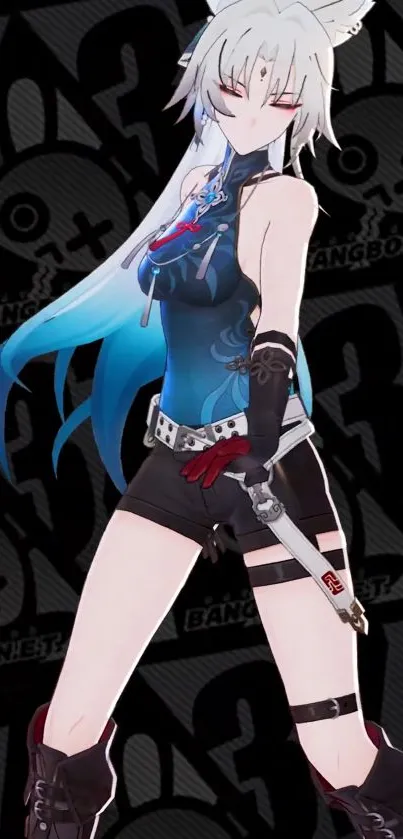 Anime character with long blue hair in a dynamic pose.