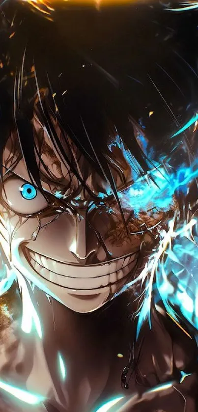 Anime character with blue fiery energy.