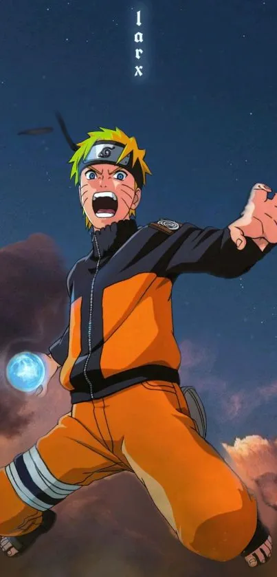 Anime character in orange suit with cosmic background.