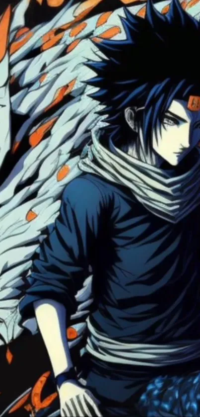Anime character with dark hair against a colorful, swirling background.