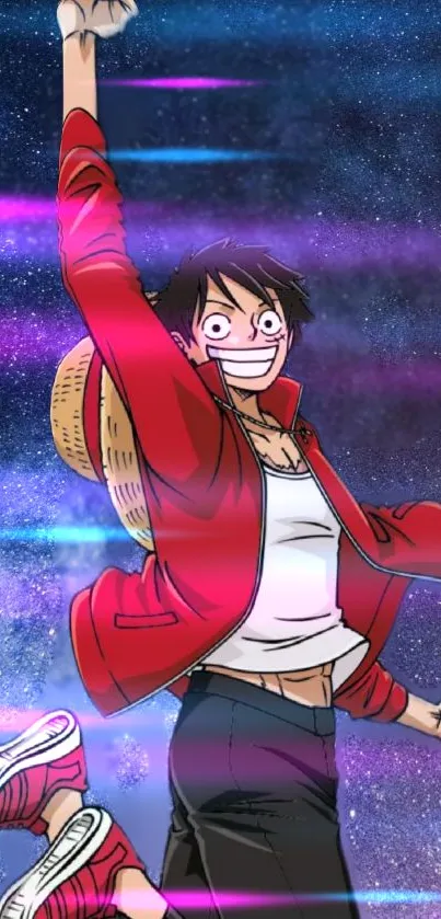 Anime character in red jacket with cosmic background.