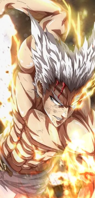 Dynamic anime character with white hair surrounded by fiery energy in action pose.