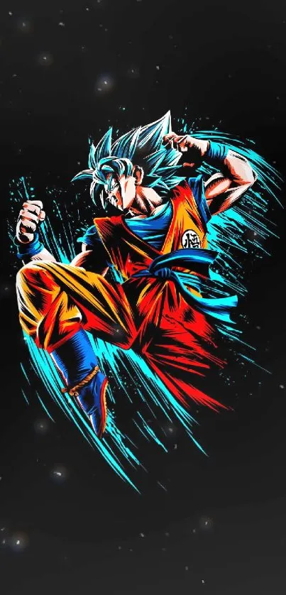 Dynamic anime character in action pose on black background.