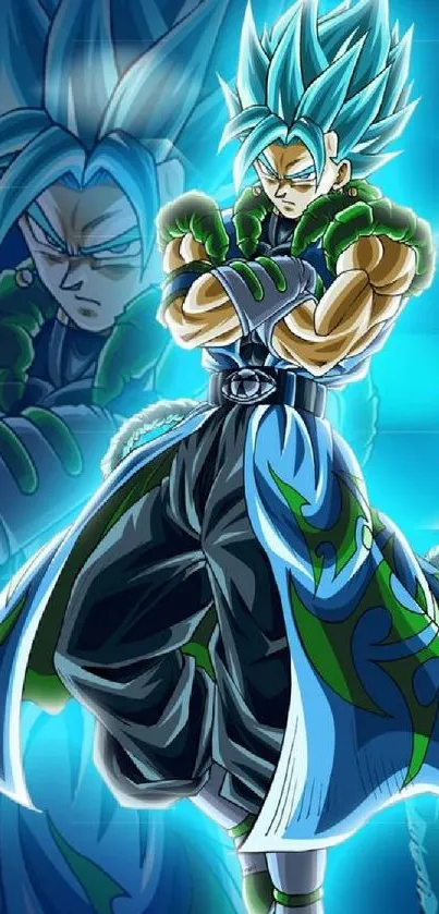 Vibrant anime character with blue hair and dynamic pose on a glowing background