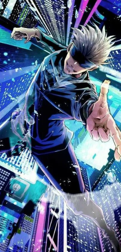 Dynamic anime character in vibrant cityscape with blue tones.