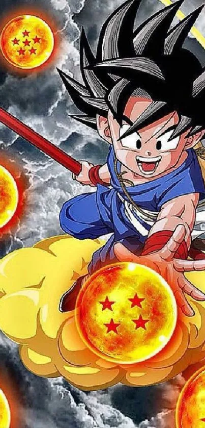 Anime character with dragon balls in action on a cloud.
