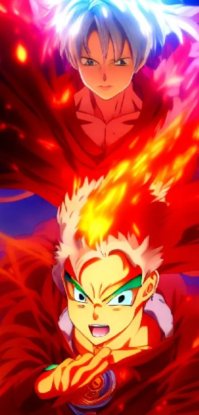 Energetic anime duel wallpaper with fiery red and intense expressions.