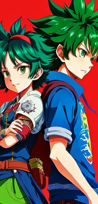 Anime duo with green hair against a red background.