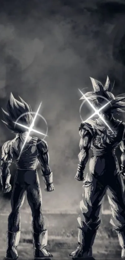 Grayscale anime duo with dramatic highlights, posed in battle stance.