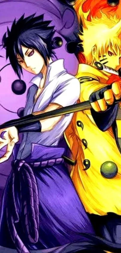 Anime duo in purple and yellow themed mobile wallpaper.