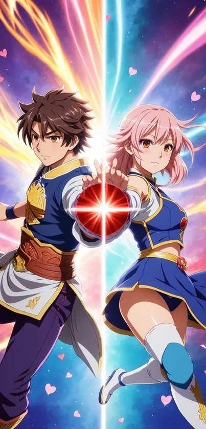 Anime duo with vibrant cosmic light burst in mobile wallpaper.