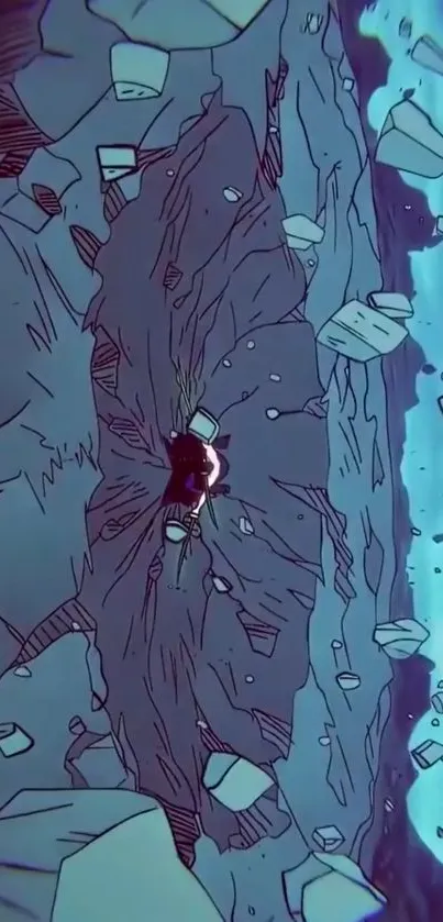 Anime earthquake scene with dramatic fissure and debris.