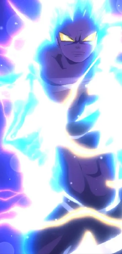 Anime character with bright electric aura and blue glowing energy.